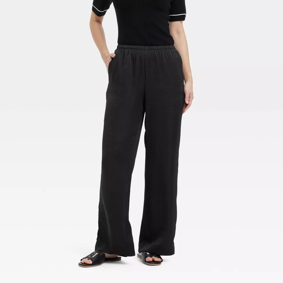 Women's Mid-Rise Straight Leg Crinkle Satin Pull-On Pants - A New Day™ | Target