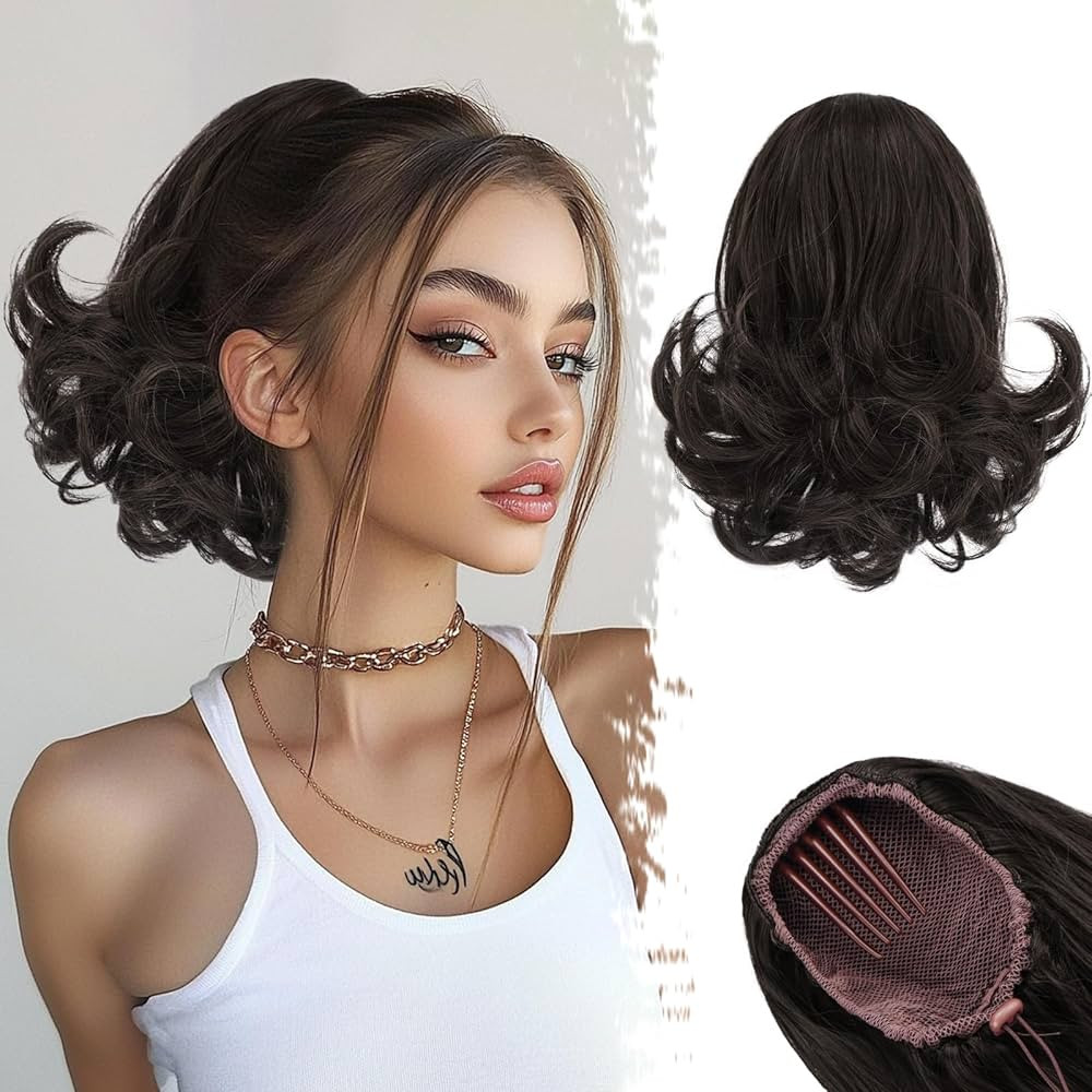 BARSDAR Dark Brown Ponytail Extension - 10 Inch Short Wavy Drawstring Ponytail Hair Extensions fo... | Amazon (US)