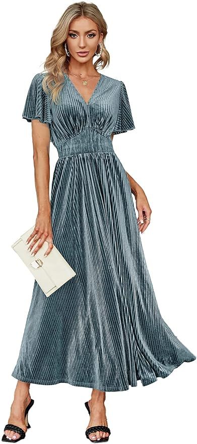 Simplee Women’s V Neck Velvet Maxi Dress Short Sleeve Empire Waist Long Formal Dress for Weddin... | Amazon (US)