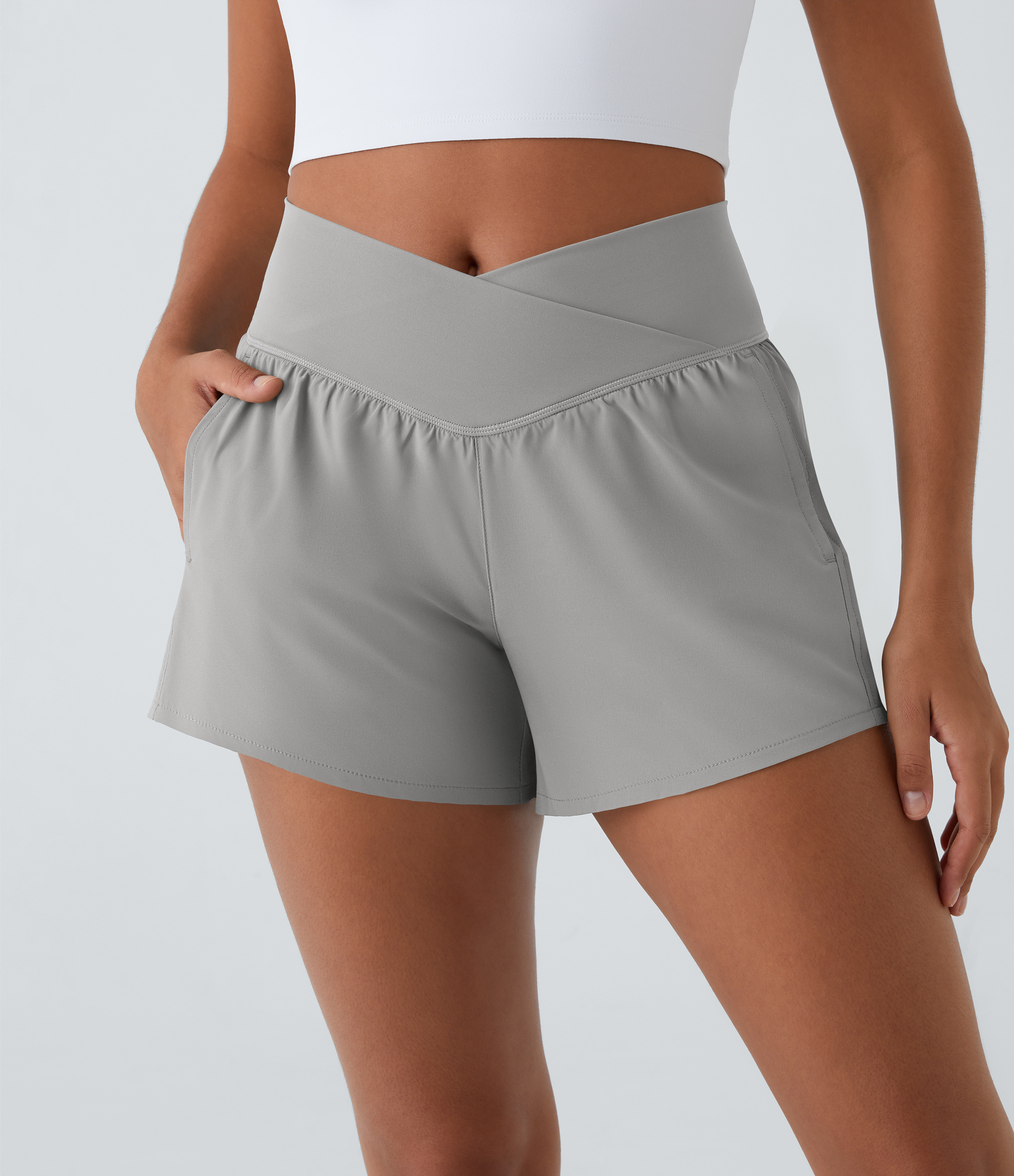 Halara Breezeful™ High Waisted Crossover Pocket 2-in-1 Quick Dry Yoga Shorts 4" Gym Short - Dust Gray - XL booty shorts compression shorts | HALARA