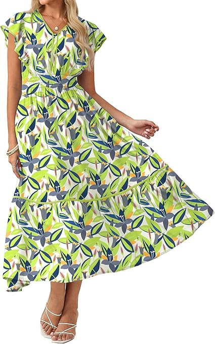 GRACE KARIN 2026 Summer Wedding Guest Dresses for Women Ruffle Sleeve Boho Midi Dress Smocked Flo... | Amazon (US)
