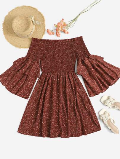 Plus Ditsy Floral Shirred Bodice Bardot Dress | SHEIN