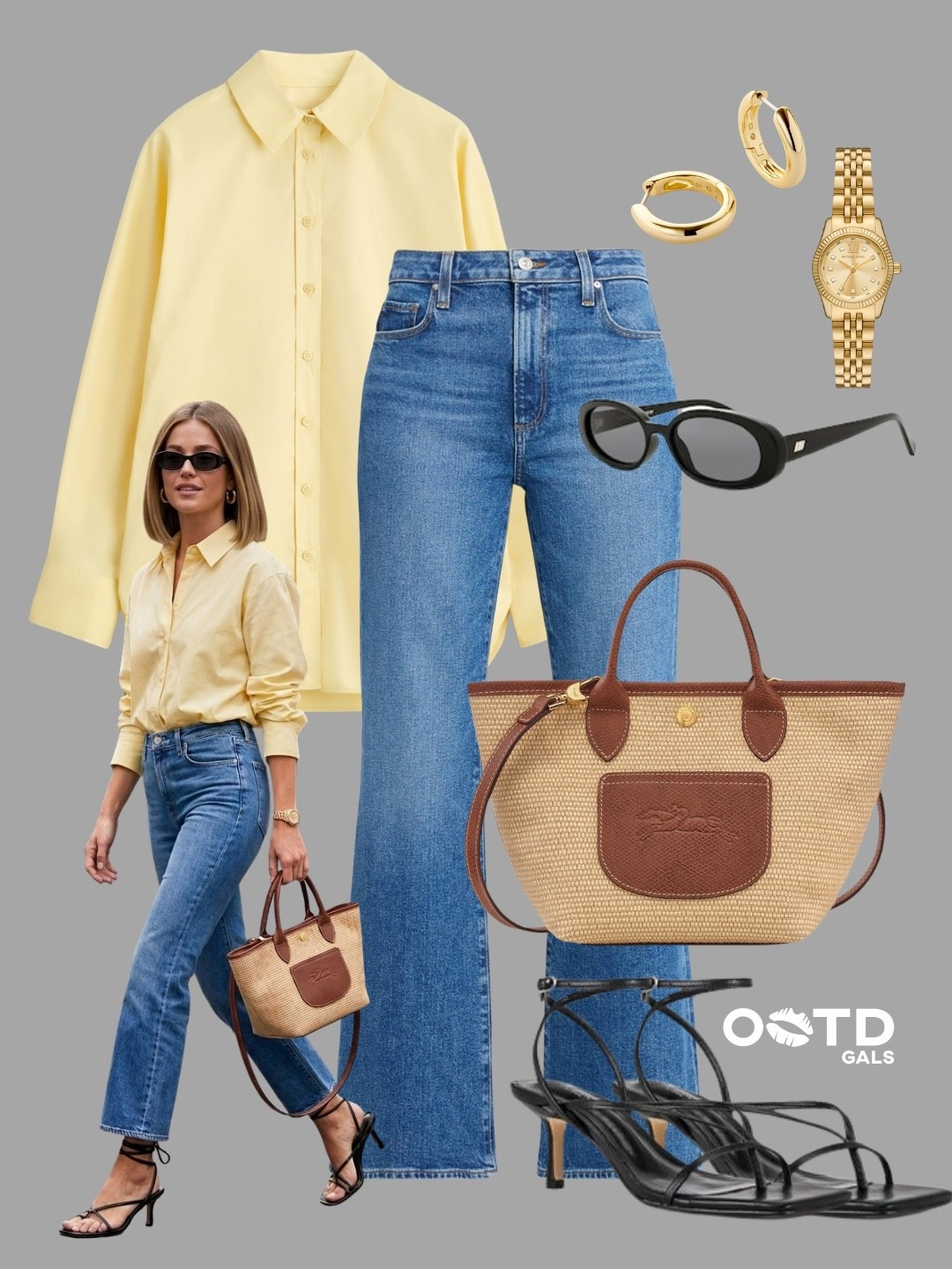 Soft butter yellow and denim make such a fresh effortless summer pairing 💛✨

This outfit feels polished, relaxed, and timeless with that perfect balance of casual and elevated styling.

✨ Style Details:
• Butter yellow oversized button-up shirt adding a soft sunny touch  
• Classic straight-leg blue jeans for an easy everyday silhouette  
• Woven straw tote with brown leather details bringing texture and warmth  
• Minimal black strappy heels adding contrast and sophistication  
• Gold jewelry and sleek black sunglasses elevating the whole look beautifully  

The combination of pastel yellow, denim blue, and natural woven textures creates the perfect chic daytime outfit ☀️

#EffortlessStyle #SummerFashion #ClassicChic

#LTKstyletip #LTKsummer
