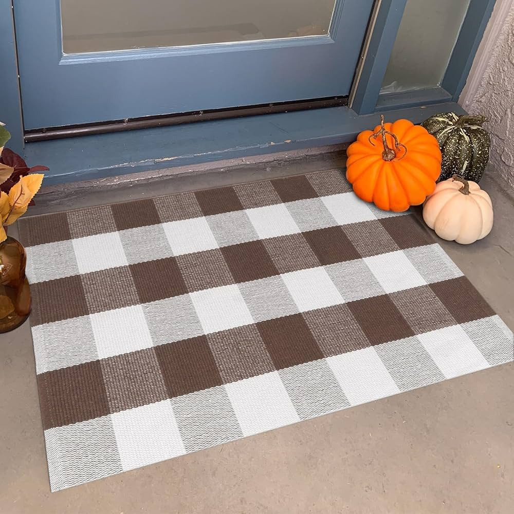 KIMODE Fall Decor Door Mat Buffalo Plaid Outdoor Mat 24"x35" Farmhouse Brown Checkered Rug Fall T... | Amazon (US)