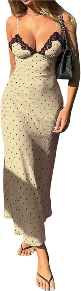 SHENHE Women's Polka Dots Maxi Dress Spaghetti Strap Lace V Neck Sexy Summer Brunch Sundress | Amazon (US)