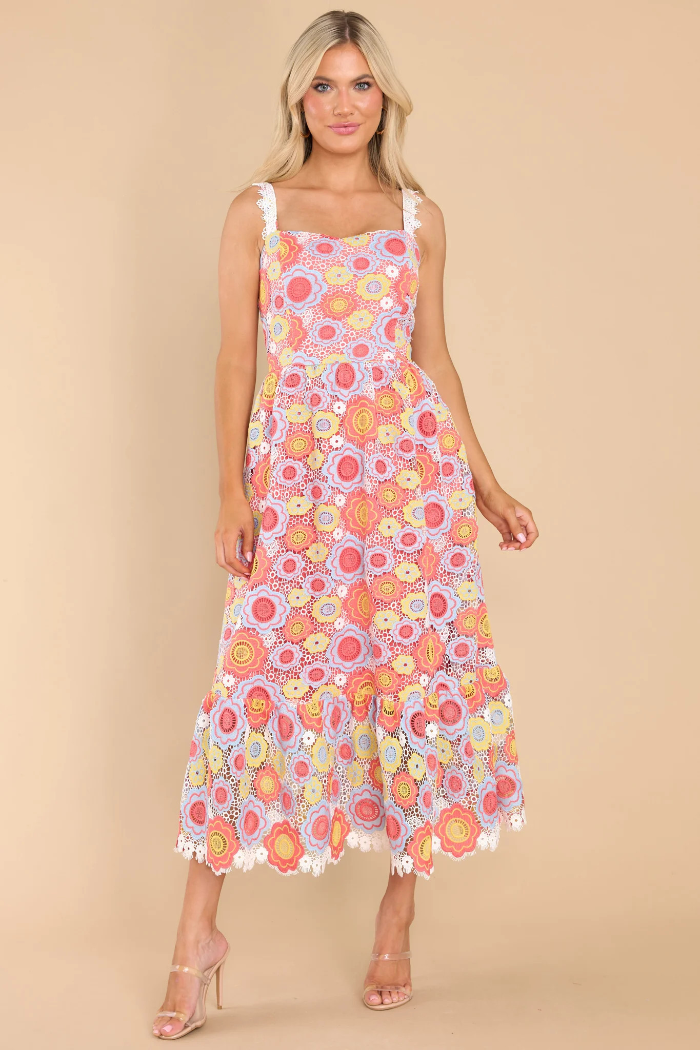 Thriving Creativity Coral Floral Eyelet Dress | Red Dress 