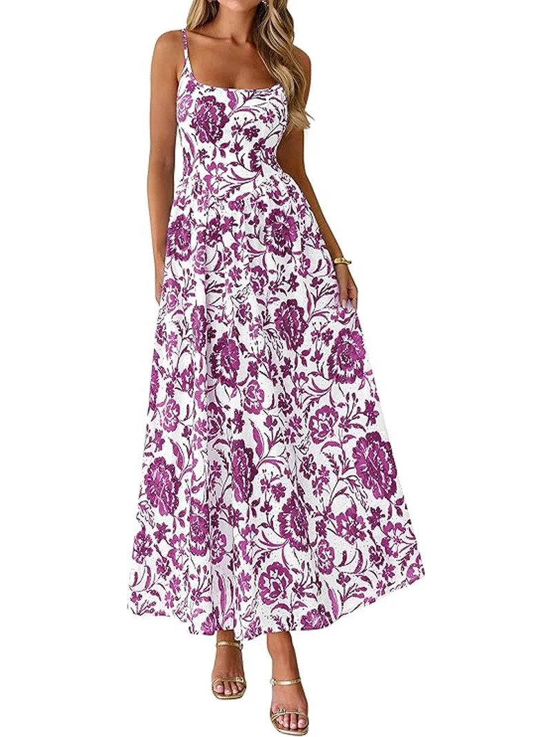 PRETTYGARDEN Womens Spring Boho Maxi Dress Eyelet Floral Long Flowy Sundresses Summer Beach Vacat... | Walmart (US)