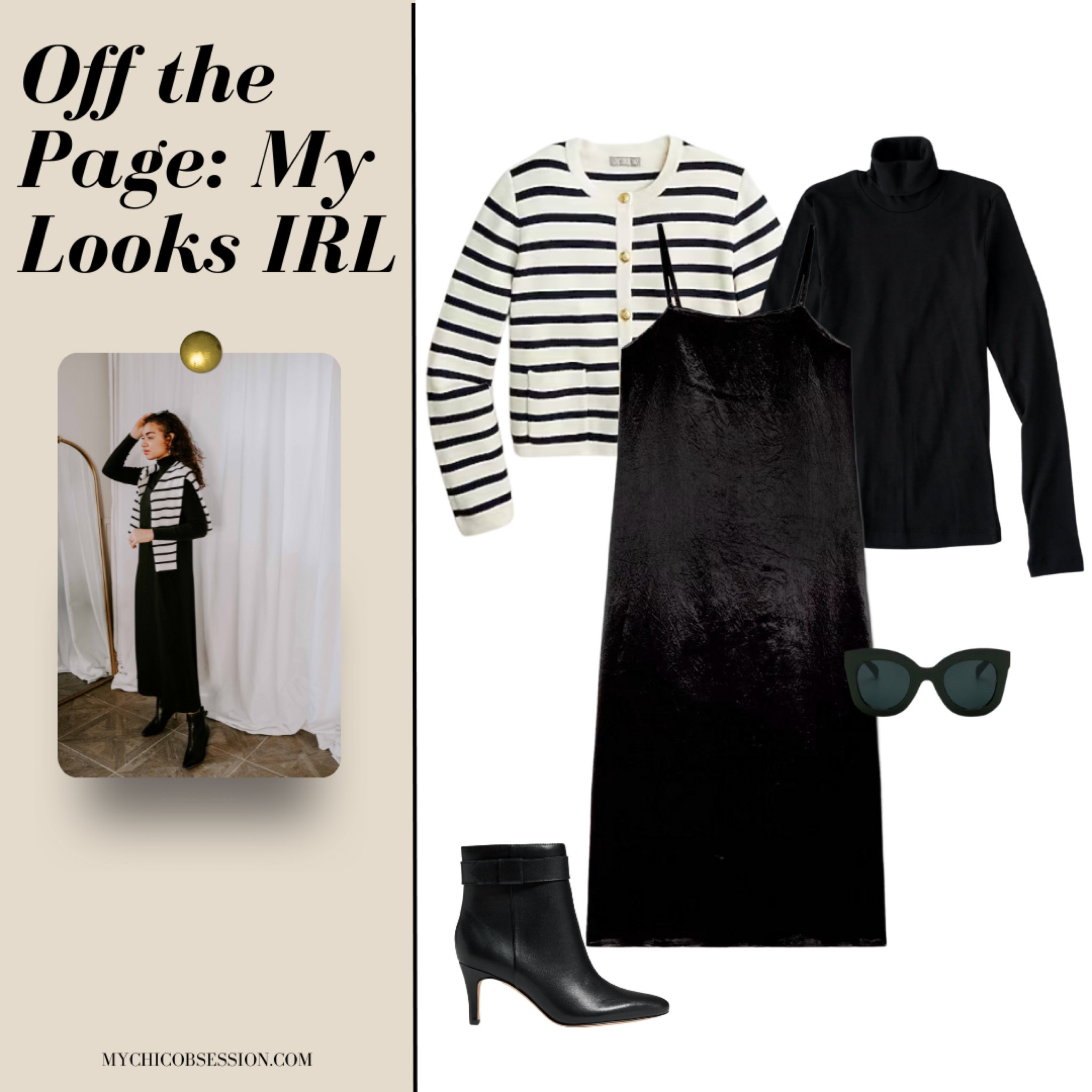 In need of a classic outfit idea? Get inspired by this outfit collage come to life. My Kotn turtleneck has a tight fit but is a staple piece for me. My Everlane dress it out of stock, so linking to a similar Everlane dress. I love how classy my Banana Republic boots are (tts). Linking to a similar striped cardigan - this one from J.Crew is loved by many!

#LTKstyletip #LTKover40 #LTKworkwear