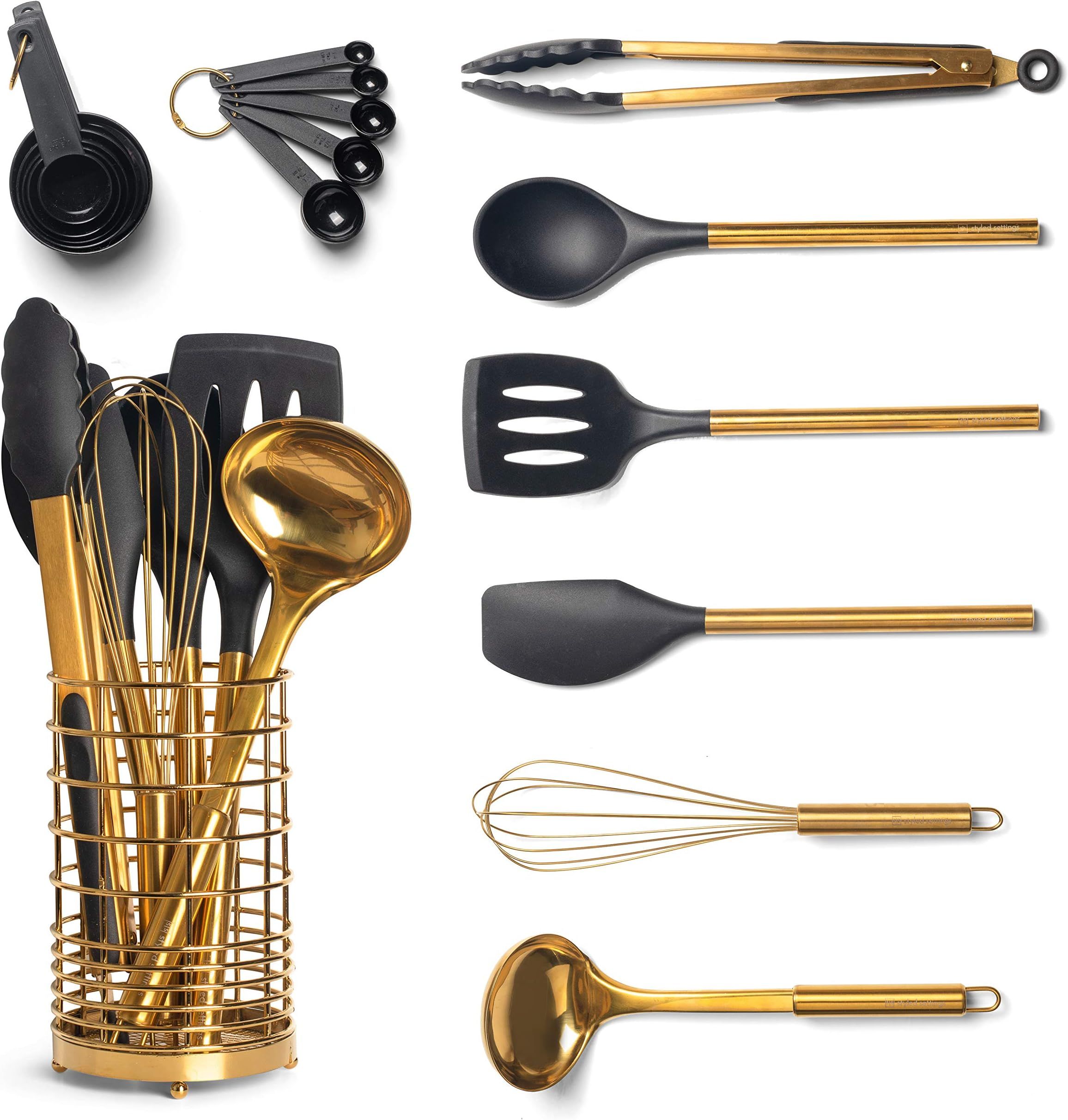 Black & Gold Kitchen Utensils with Metal Gold Utensil Holder -17PC Gold Cooking Utensils Set Include | Amazon (US)