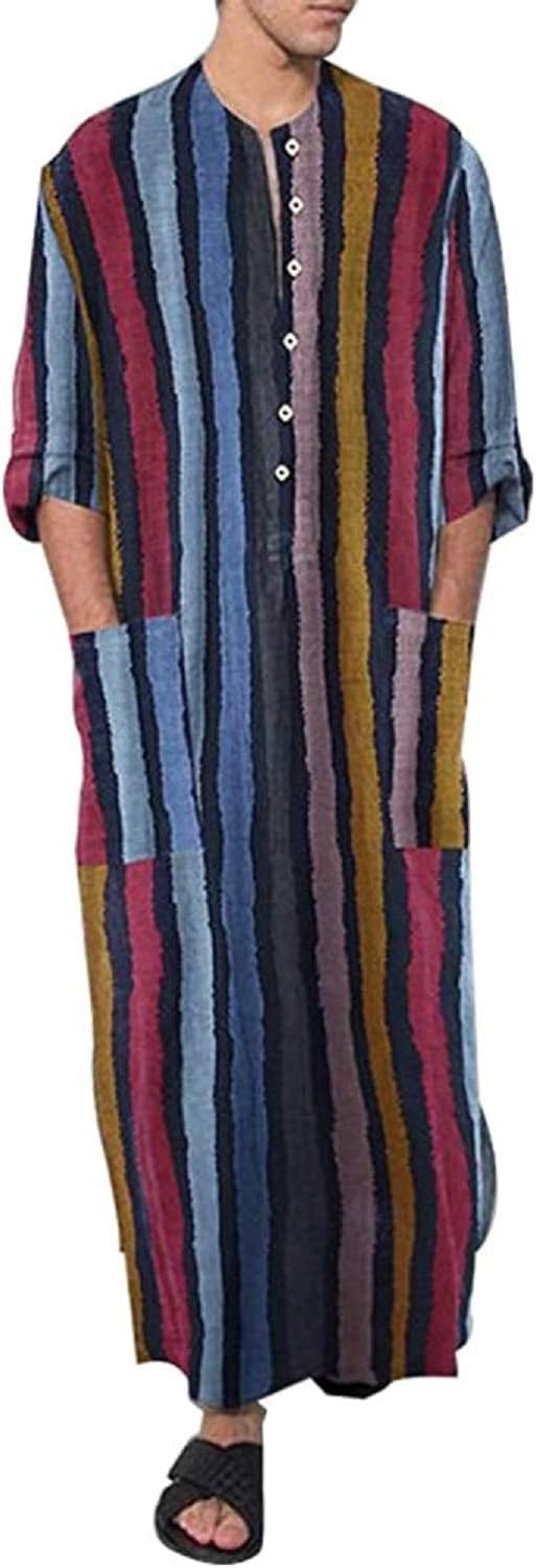 FIOMVA Men's Muslim Dresses Long Sleeve Striped Henley Shirts Kaftan Muslim Long Gown Thobe Robe ... | Amazon (US)