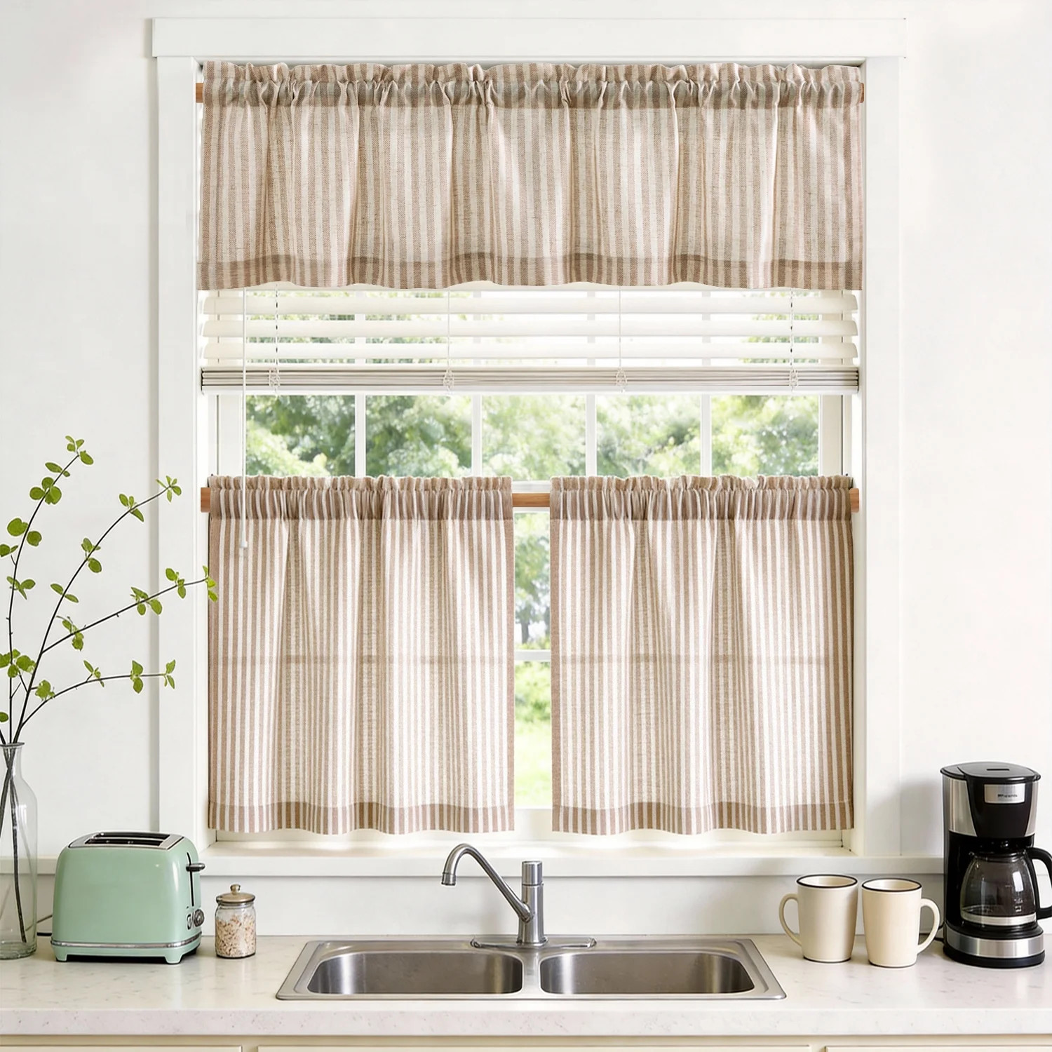 TOPICK Striped Kitchen Curtains and Valance Set 24 Inch Small Linen Curtains for Cafe Living Room... | Walmart (US)