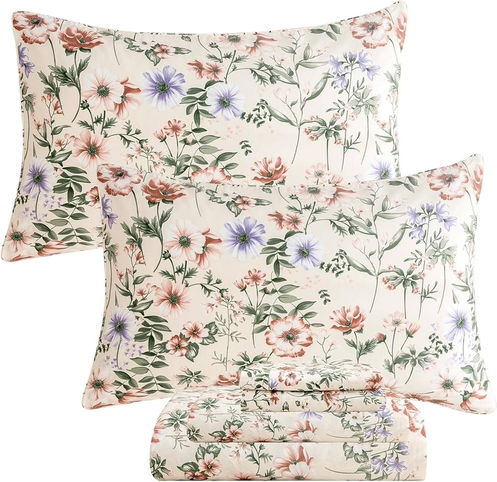 QSH Floral Egyptian Cotton Sheets King Size - Pink Flowers Green Leaves Pattern Printed Bedding K... | Amazon (US)