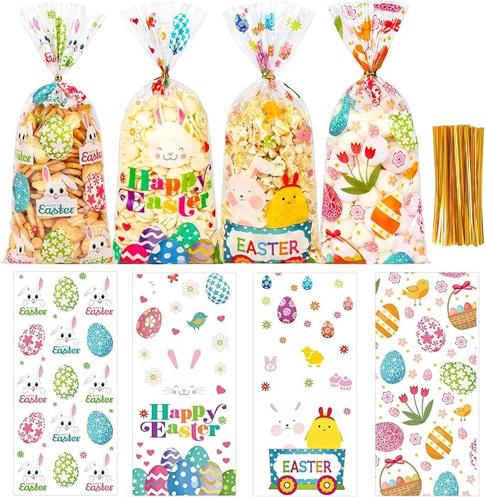 ZYLOP 50 Pcs Easter Cellophane Treat Bags - 5 x 11 Inch Clear Easter Goodie Bags with 60 Gold Tie... | Amazon (US)