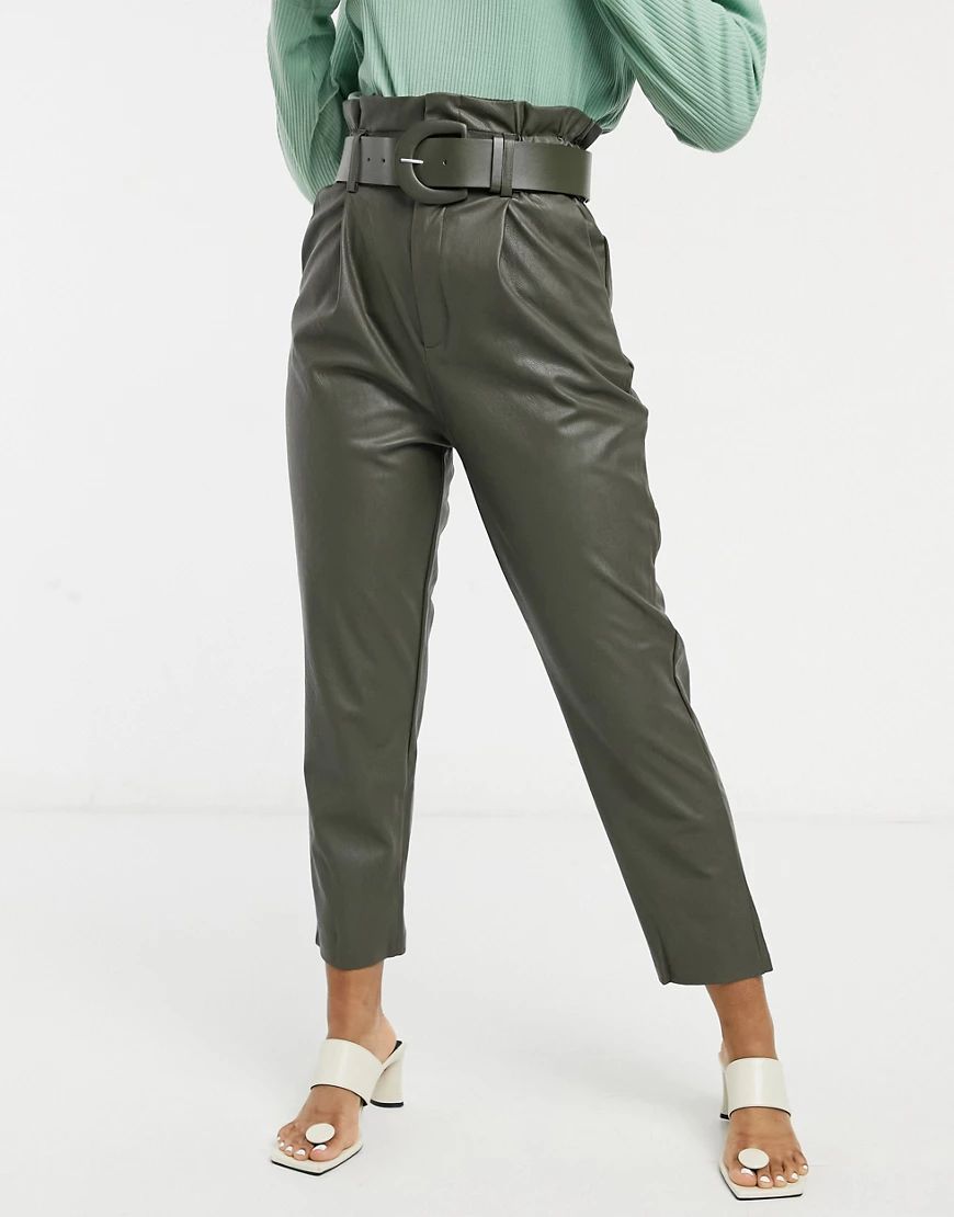 Stradivarius faux leather paperbag pants in khaki-Green | ASOS (Global)