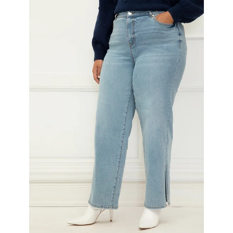 ELOQUII Elements Women's Plus Size Straight Leg Jean With Slit - Walmart.com | Walmart (US)