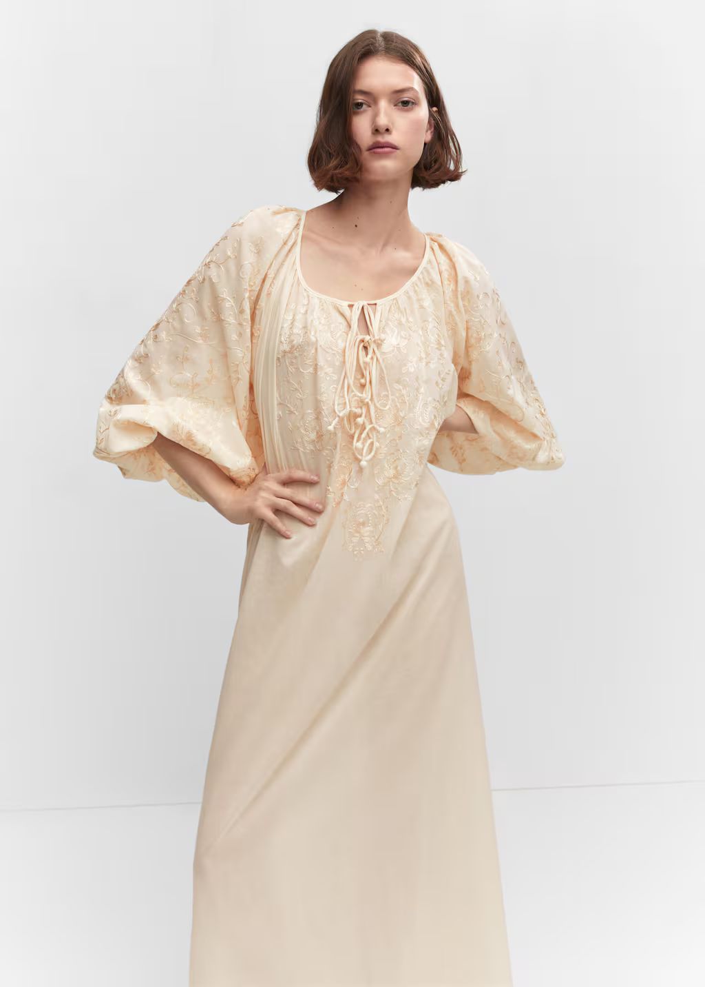 Puff-sleeved embroidered dress -  Women | Mango USA | MANGO (US)