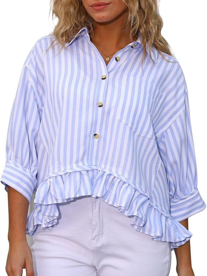 CHYRII Womens Summer Tops Dressy Casual Blouse Top Ruffled Short Sleeve Button Down Striped Shirt | Amazon (US)
