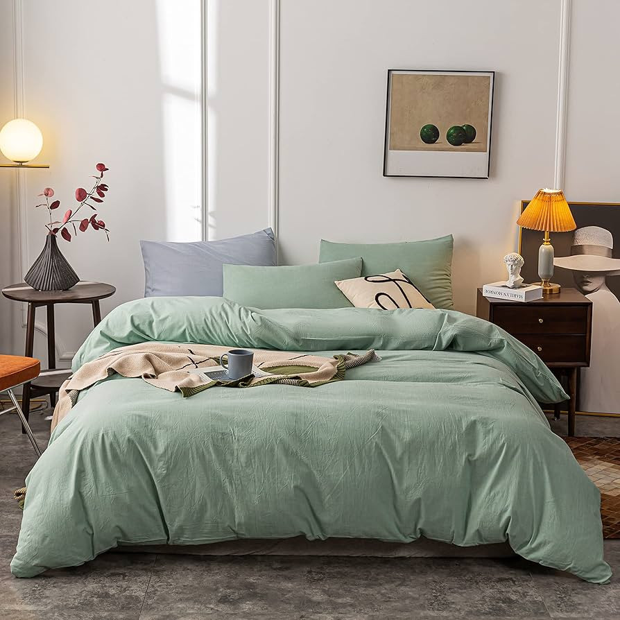 Janlive Washed Cotton Duvet Cover Queen Ultra Soft 100% Cotton Solid Color Green Duvet Cover Set ... | Amazon (US)