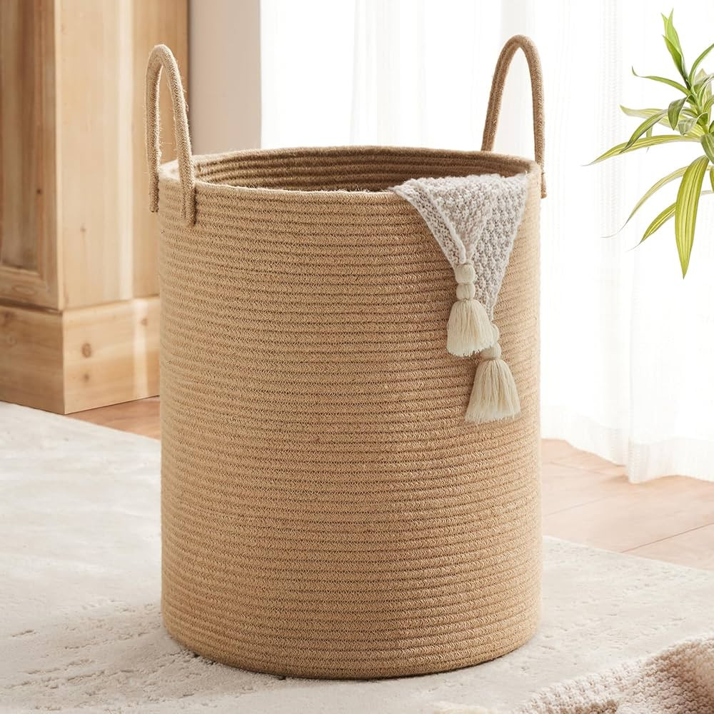 Amazon.com: Jute Rope Woven Laundry Basket by TECHMILLY, 58L Baby Nursery Hamper for Clothes Blan... | Amazon (US)