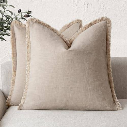 Foindtower Set of 2 Decorative Cozy Farmhouse Cushion Cover Linen Fringe Throw Pillow Covers with Tassels for Couch Sofa Bed Living Room Home Decor,26×26 Inch,Tan Beige | Amazon (US)
