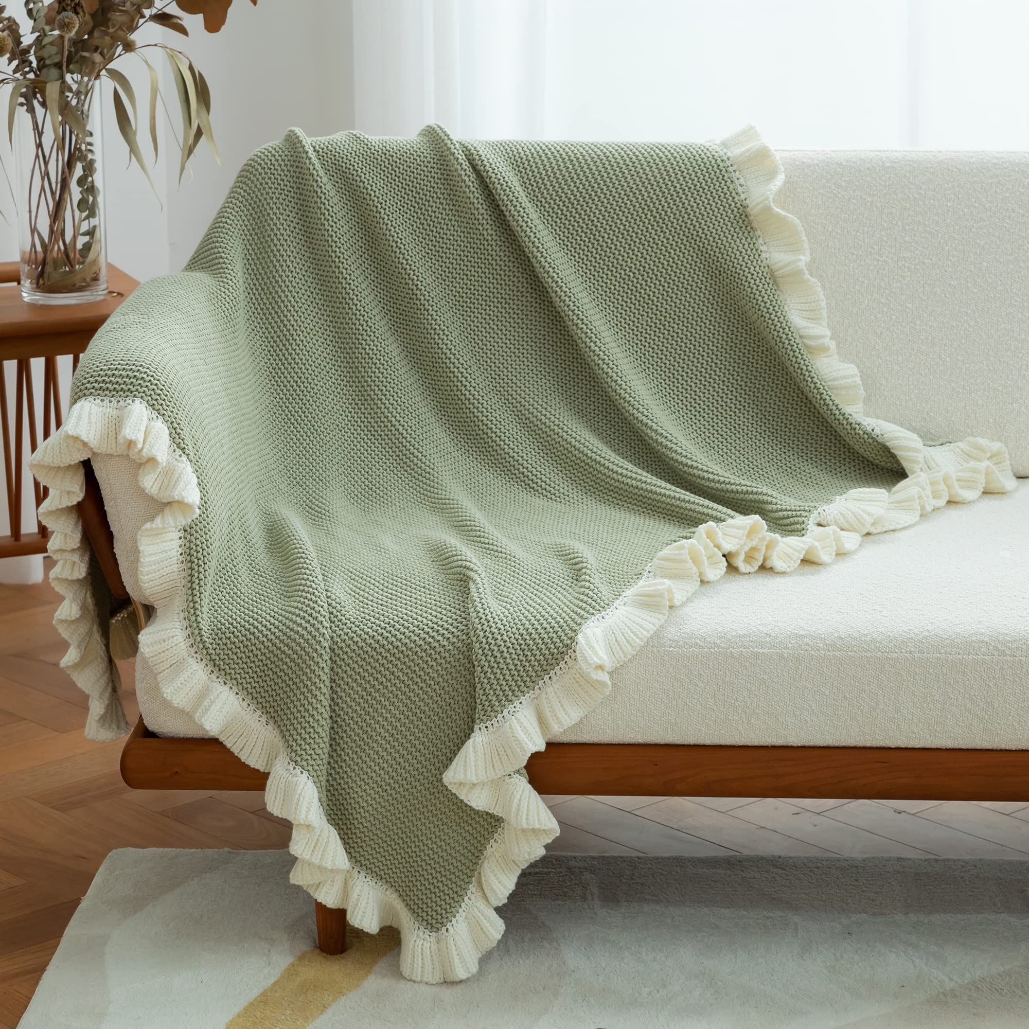Amélie Home Soft Chunky Handmade Knit Throw Blanket with Ruffle, Decorative Cute Cozy Warm Throw Bla | Amazon (US)