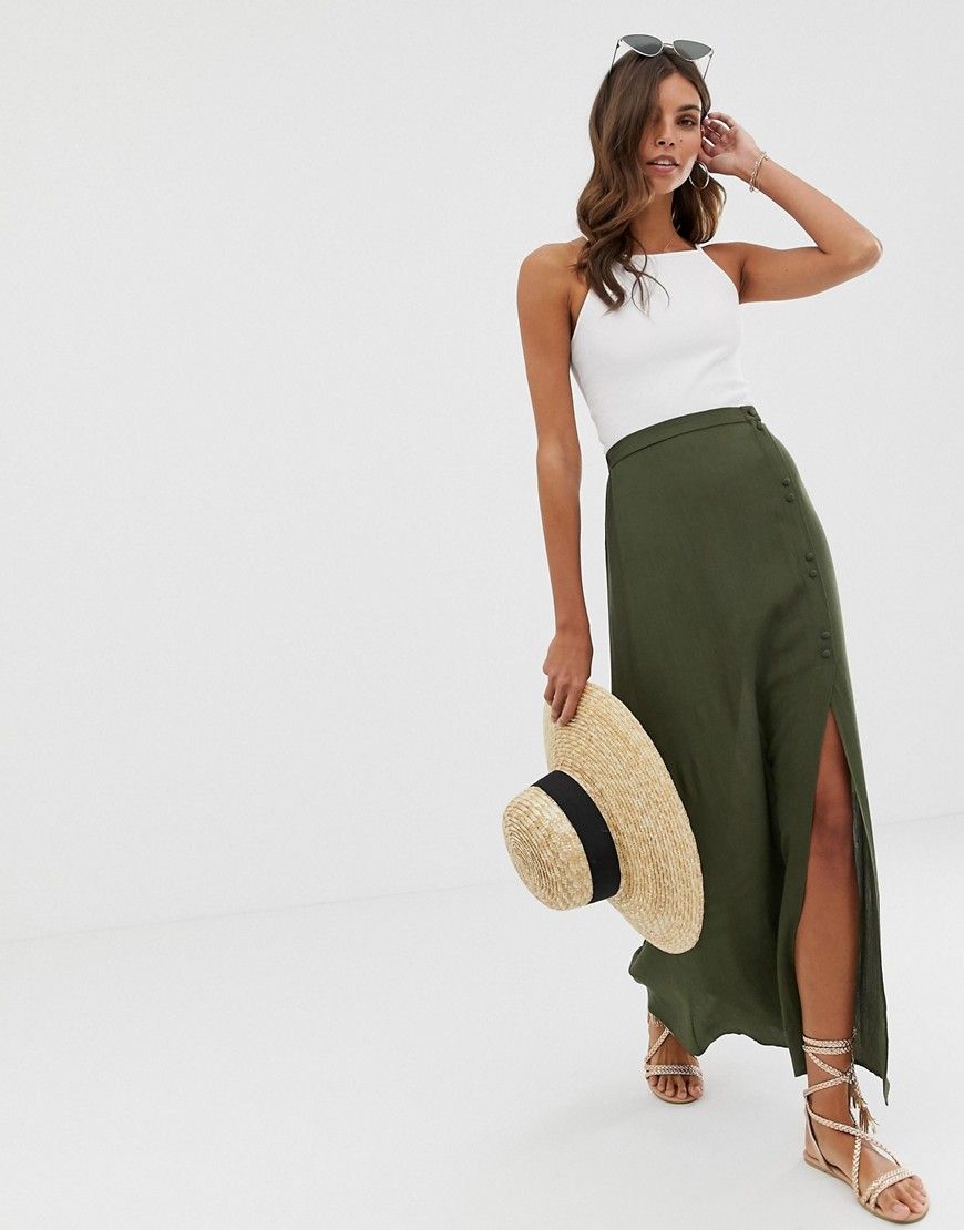 ASOS DESIGN crinkle maxi skirt with self covered buttons - Green | ASOS US