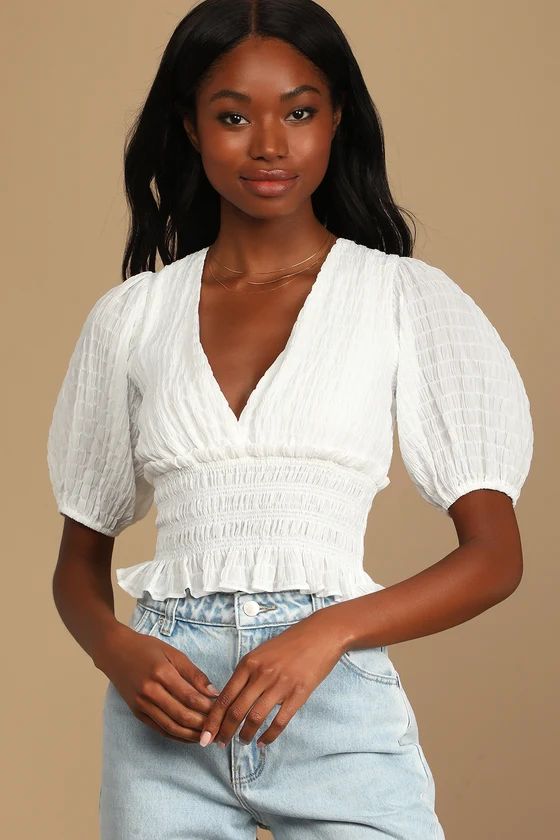 Feels Like Forever White Smocked Puff Sleeve Crop Top | Lulus (US)