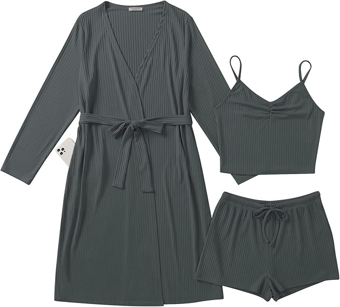 Ekouaer Rib Knit Pajamas Set for Women 3 Piece Lounge Sets Soft Cami and Shorts Pjs with Cardigan... | Amazon (US)
