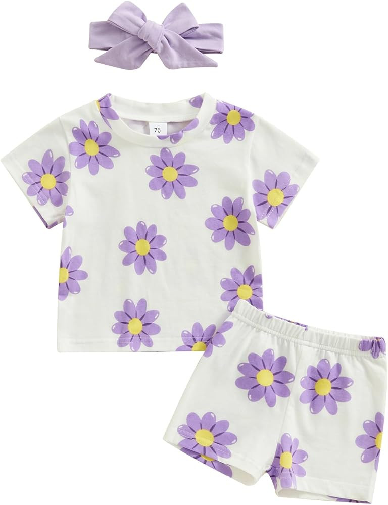 Toddler Baby Girl Clothes Summer Short Sleeve Floral Print T Shirt Tops + Elastic Shorts Set Infa... | Amazon (US)