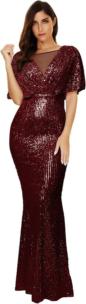 Women's Sequin Glitter Mesh Batwing Sleeve Maxi Gown Long Prom Dress | Amazon (US)
