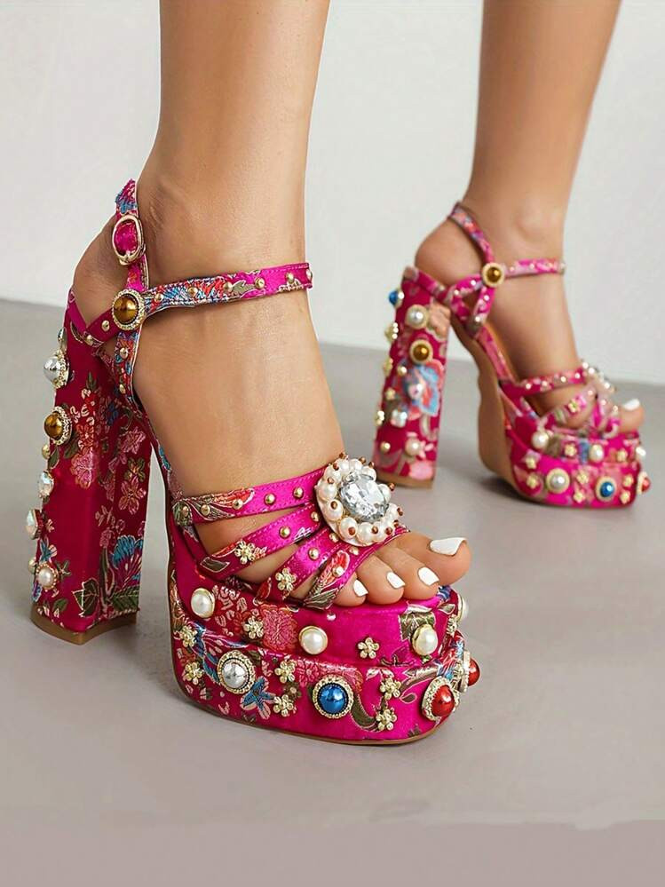 Arqa Women's Platform Heels Ankle Strap Pumps High Heeled Chunky Block High Heel Sandals Rhinesto... | SHEIN