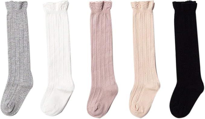Kaariss Baby Girls Boys Toddlers No Seam Cotton Knee High Socks Tube Ruffled Stockings 5 Pack | Amazon (US)