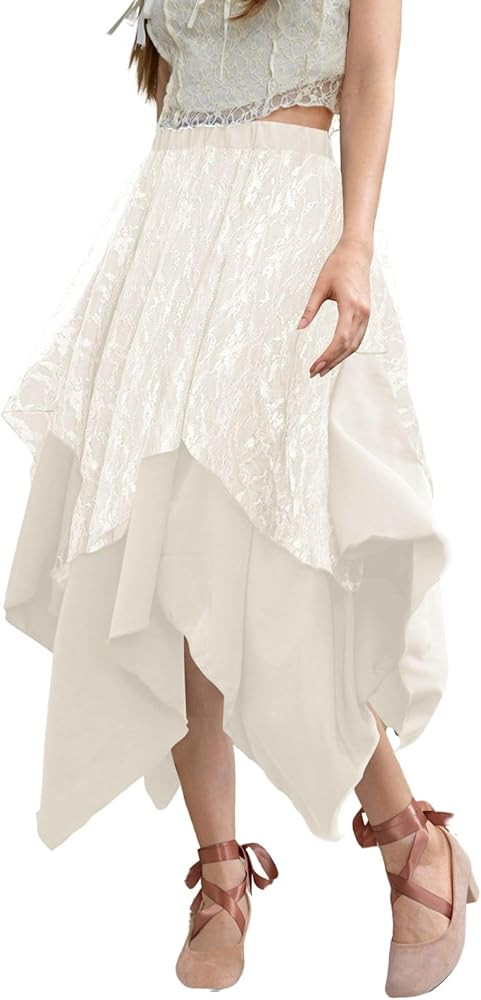 Verdusa Women's Lace Overlay Elastic Waist Asymmetrical High Low A Line Long Skirt | Amazon (US)