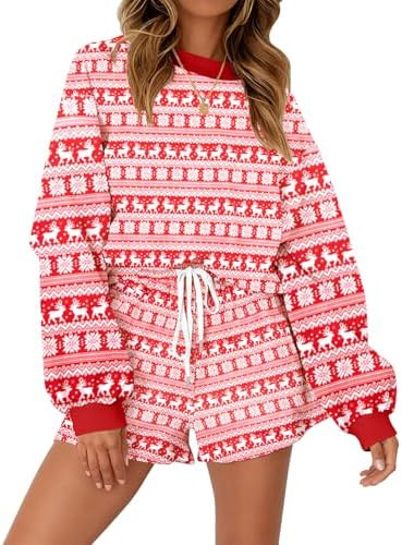 VILOVE Christmas Sweat Shorts Sets Women 2 Piece Merry Xmas Jolly Sequin Outfit Oversized Casual ... | Amazon (US)