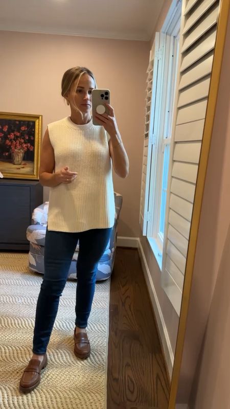 This sleeveless sweater from Madewell is SO flattering, not itchy at all, and works perfectly for a bump even though it’s not technically maternity. My maternity jeans are slightly too big (size down one size!), and my loafers are Madewell and such a good lugsole style! 

#LTKbump #LTKSeasonal #LTKstyletip