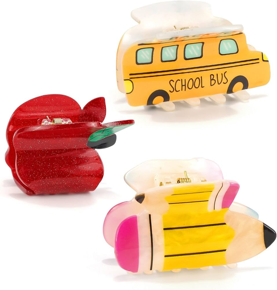 3Pcs Pencil School Bus and Apple Claw Clips for Back to School, Cute Unique Teacher Hair Clips fo... | Amazon (US)