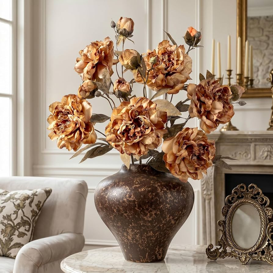 Mocha Brown Artificial Peony Flowers for Vase, 6 Faux Peony Stems with Large Realistic Blooms and... | Amazon (US)