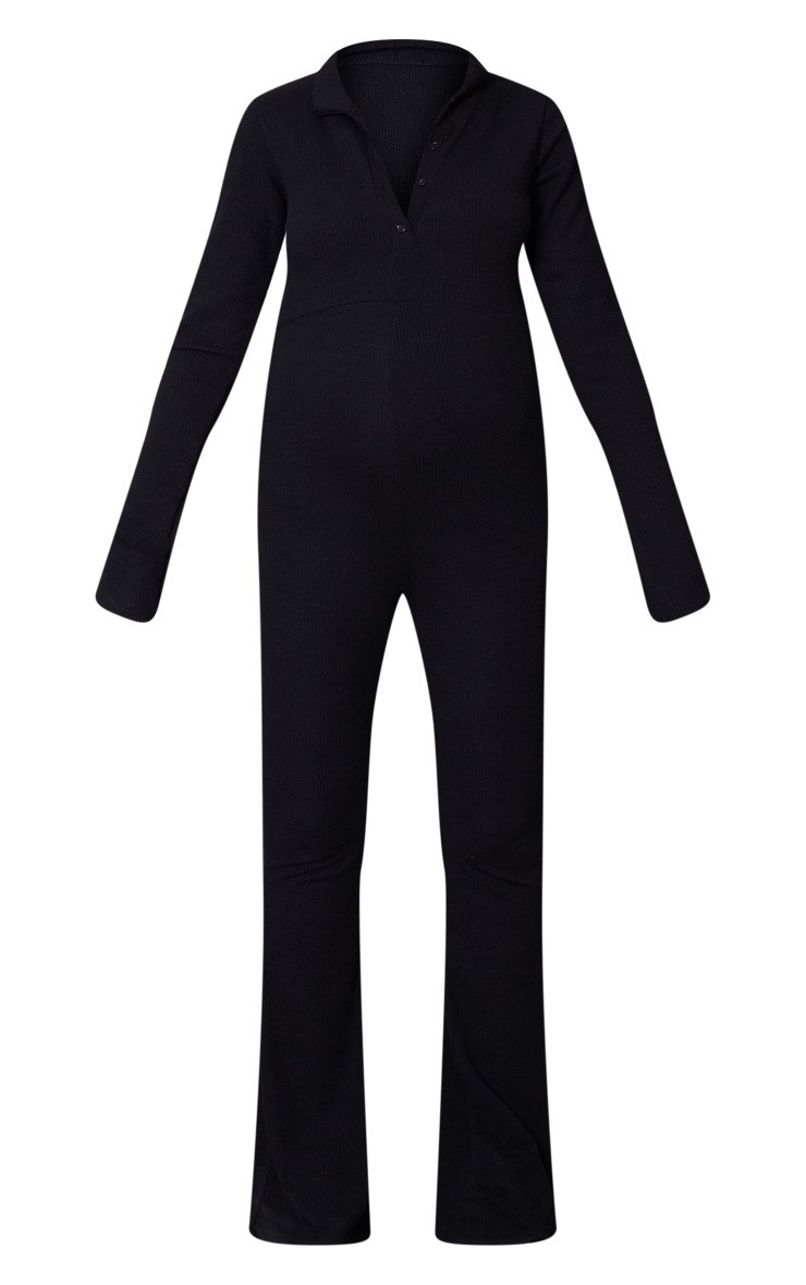Maternity Black Ribbed Collar Long Sleeve Jumpsuit | PrettyLittleThing US
