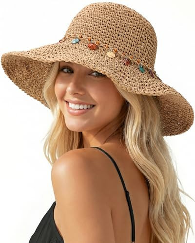 Beach Sun Hats for Women, Floppy Straw Hats for Women, Wide Brim Beach Straw Bucket Hat Packable Womens Sun Hat UPF 50+ UV Protection, Foldable Summer Hats Roll Up, Shell | Amazon (US)