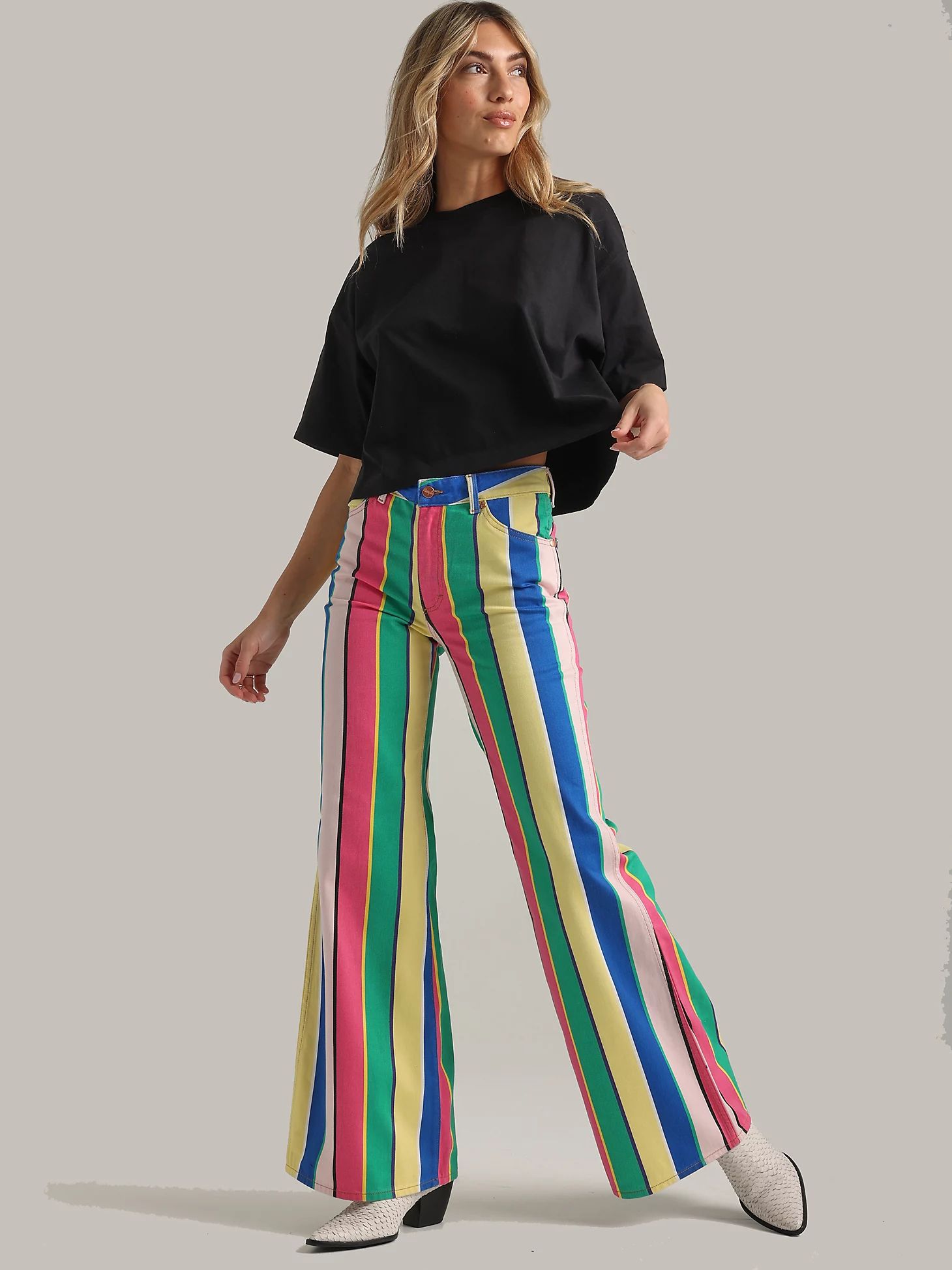 Women's Wrangler® Laser Striped Wanderer 622 High Rise Flare Jean in Rainbow Pop | Wrangler