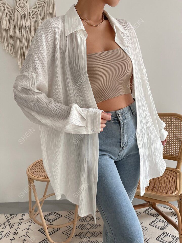 SHEIN EZwear White Women ShirtDrop Shoulder Button Up Beach Shirt | SHEIN