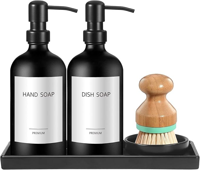GMISUN Kitchen Soap Dispenser Set, 16 Oz Hand and Dish Soap Dispenser with Ceramic Tray & Bamboo ... | Amazon (US)