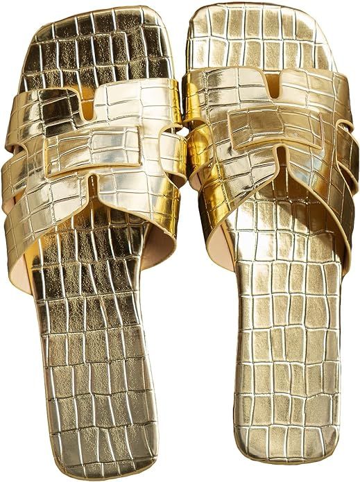 GORGLITTER Women's Crocodile Embossed Flat Sandals Cross Strappy Square Open Toe Slide Sandals | Amazon (US)
