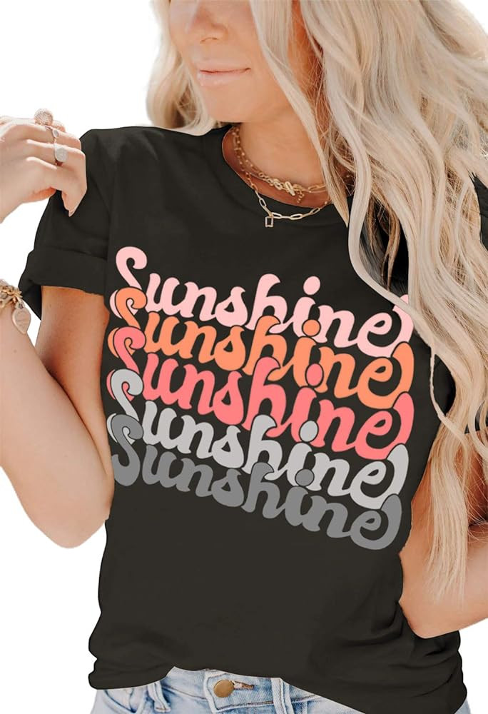 INFITTY Womens Funny Letters Print T Shirts Short Sleeve Shirts Cute Sunshine Graphic Tees Summer... | Amazon (US)