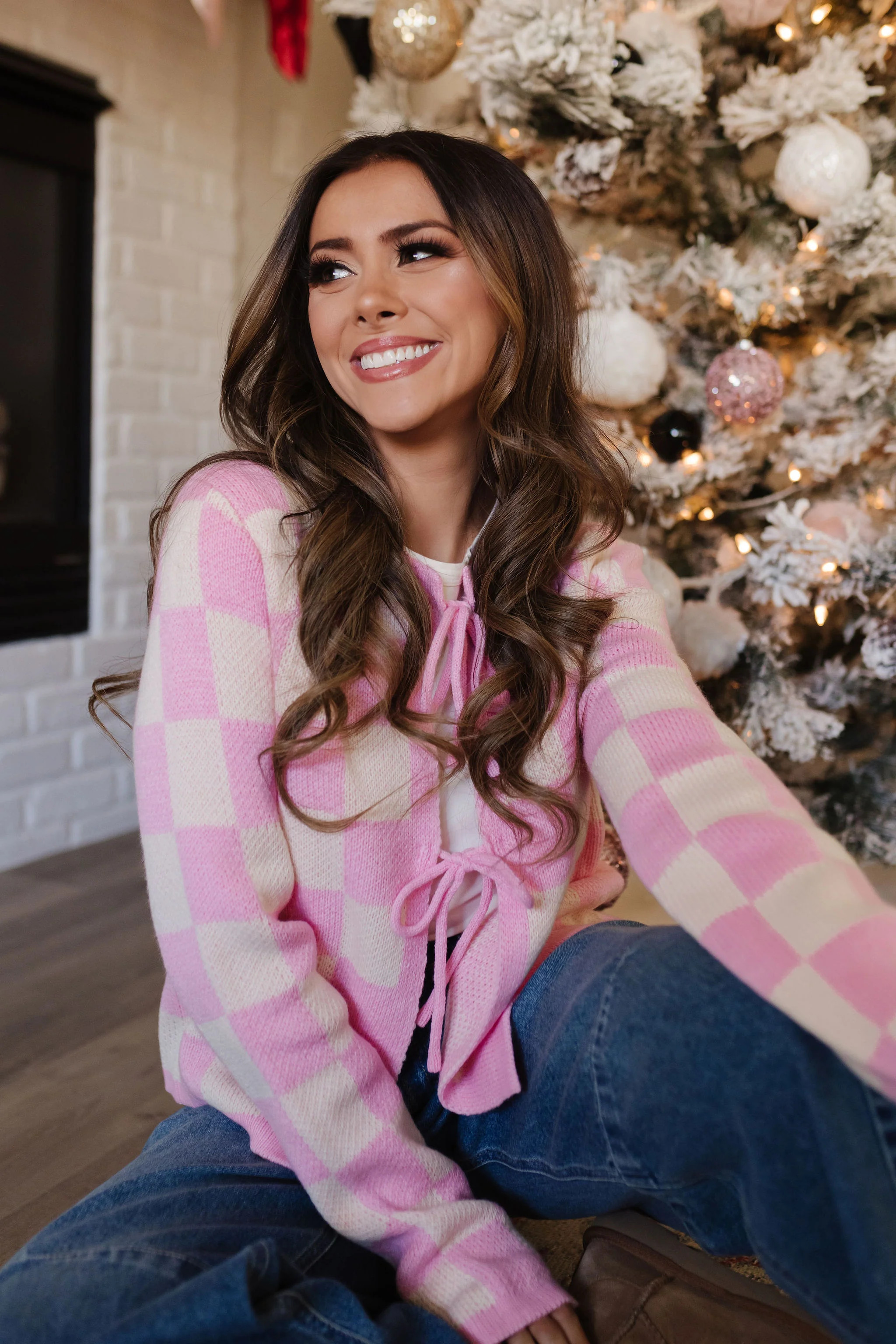 THE CAYLA CHECKERED TIE FRONT CARDIGAN IN PINK | Pink Desert