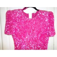 B in The Pink Vintage Hot Pink Hand Sewn Sequined & Beaded Evening Dress Size Small, Made in India V | Etsy (US)