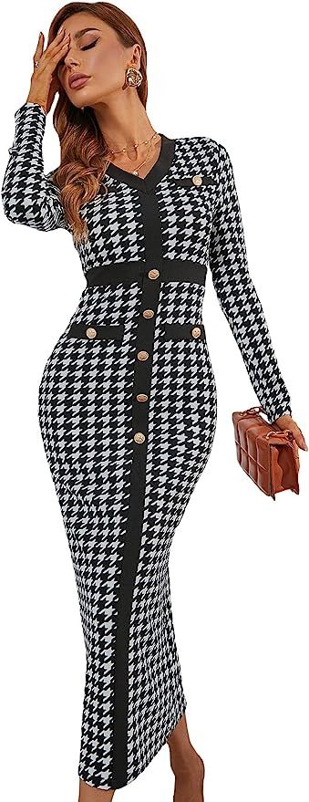 WDIRARA Women's Houndstooth Plaid V Neck Split Hem Belted Button Long Sleeve Bodycon Church Penci... | Amazon (US)