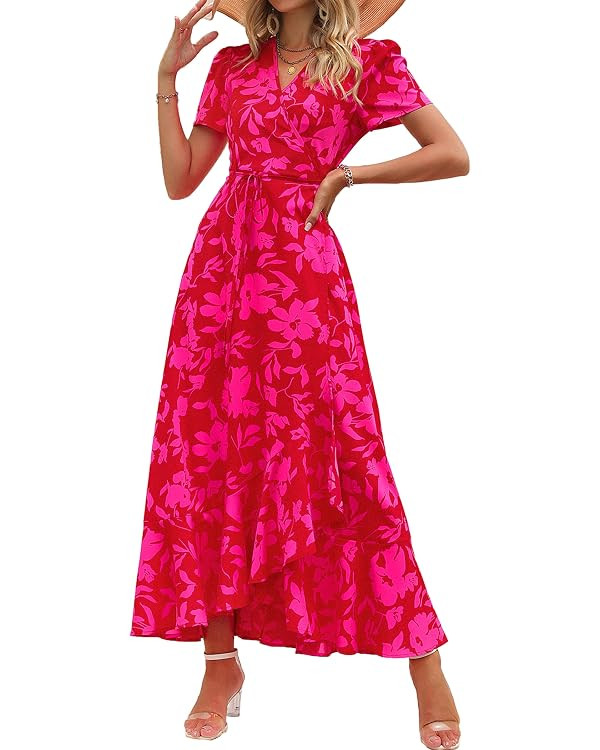 PRETTYGARDEN Women's Boho Floral Maxi Dress Summer Short Sleeve Wrap V Neck Long Flowy Beach Vaca... | Amazon (US)