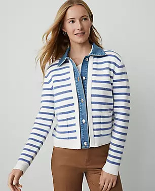 Weekend Collection Striped Denim Sweater Jacket | Ann Taylor