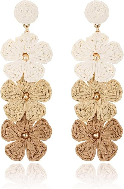 Raffia Flower Earrings, Raffia Straw Wrapped Flower Drop Dangle Earrings Summer Tropical Beach Je... | Amazon (US)